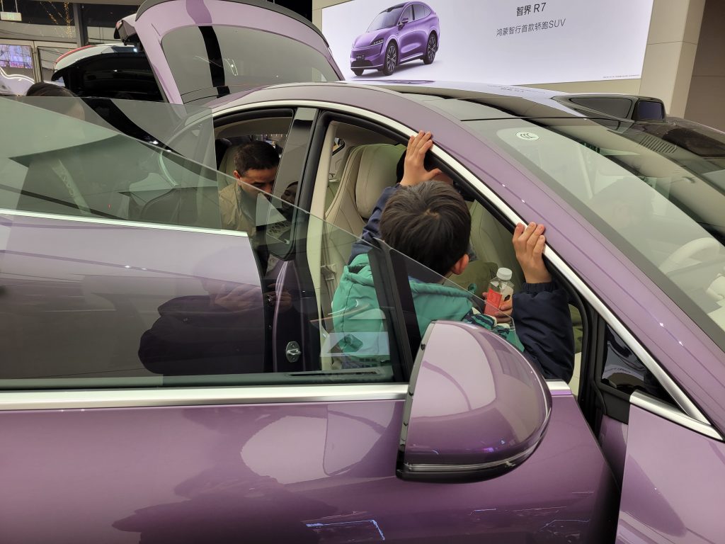 A close-up shot of a gray SUV